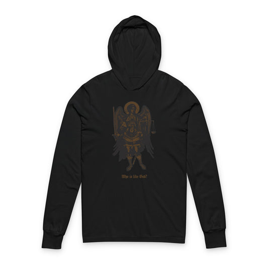 Black & Bronze Archangel Michael With Sword & Scales of Justice Icono-Graphic Orthodox Hooded Cotton Shirt in black; features archangel with scales and sword, "Who Is Like God?" text.