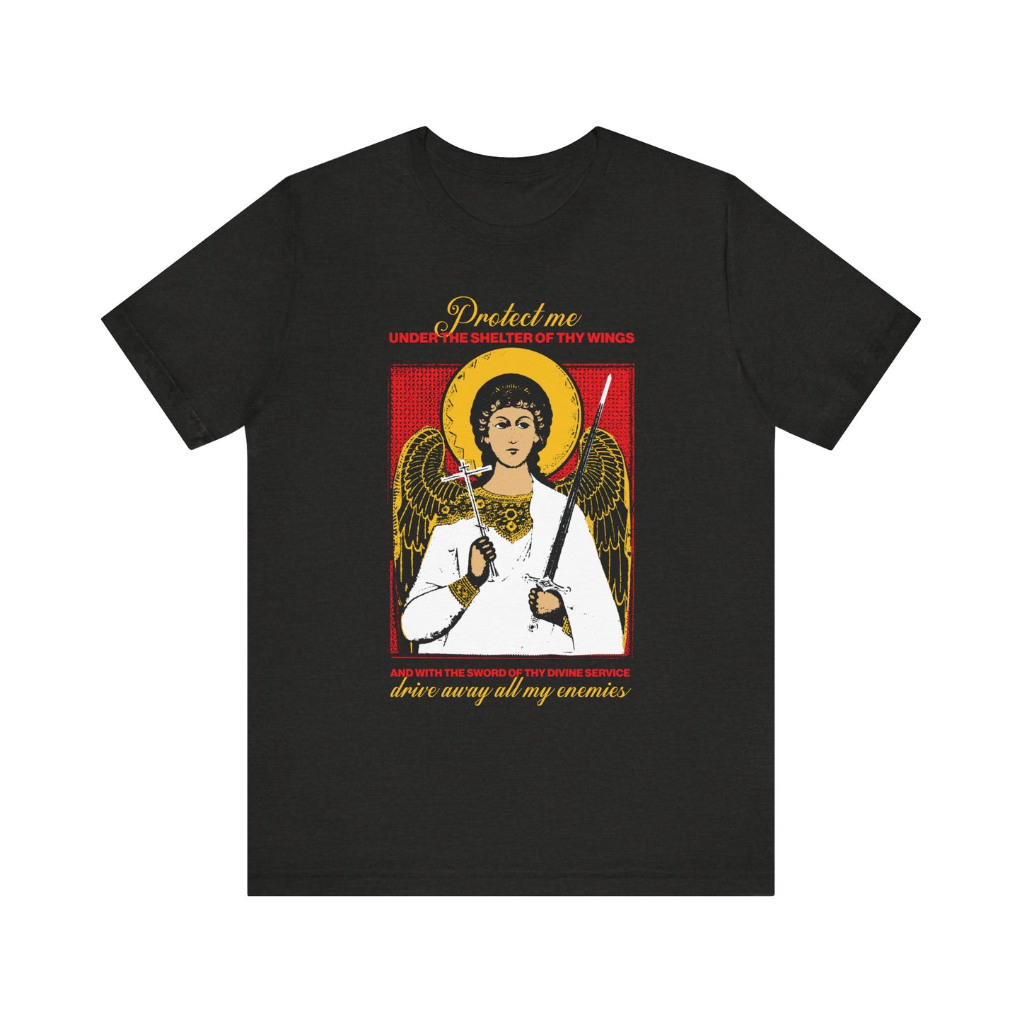 Black Heather unisex t-shirt featuring a Holy Guardian Angel holding a sword & cross with "Protect me under the shelter of thy wings" graphic—symbolizing divine protection and prayer to drive away enemies. Lightweight cotton.