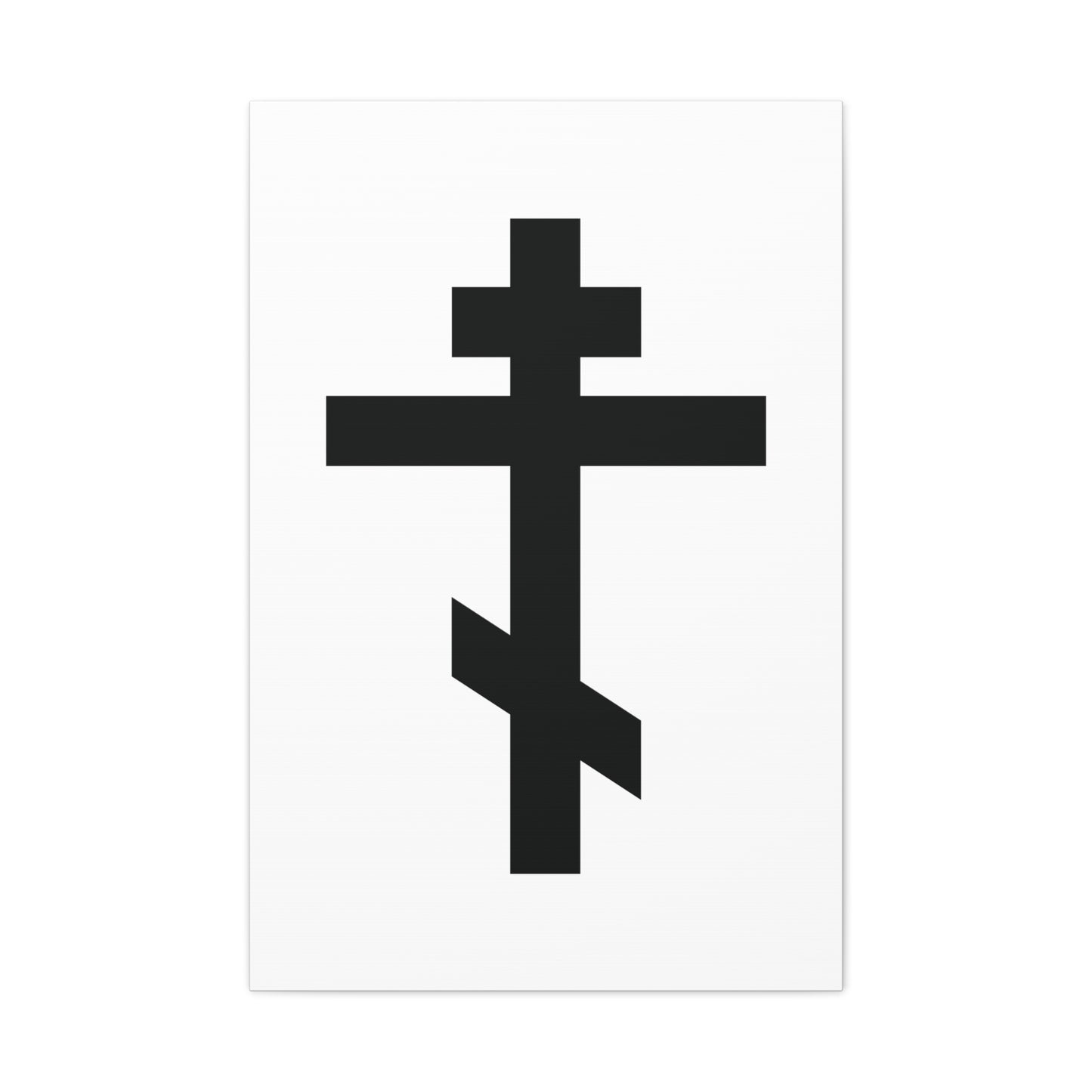 Black Orthodox Cross White Background | "May I never boast, except in the cross of our Lord Jesus Christ" (Gal 6:14) – Orthodox Canvas Art featuring a three-bar cross symbolizing Christian faith.