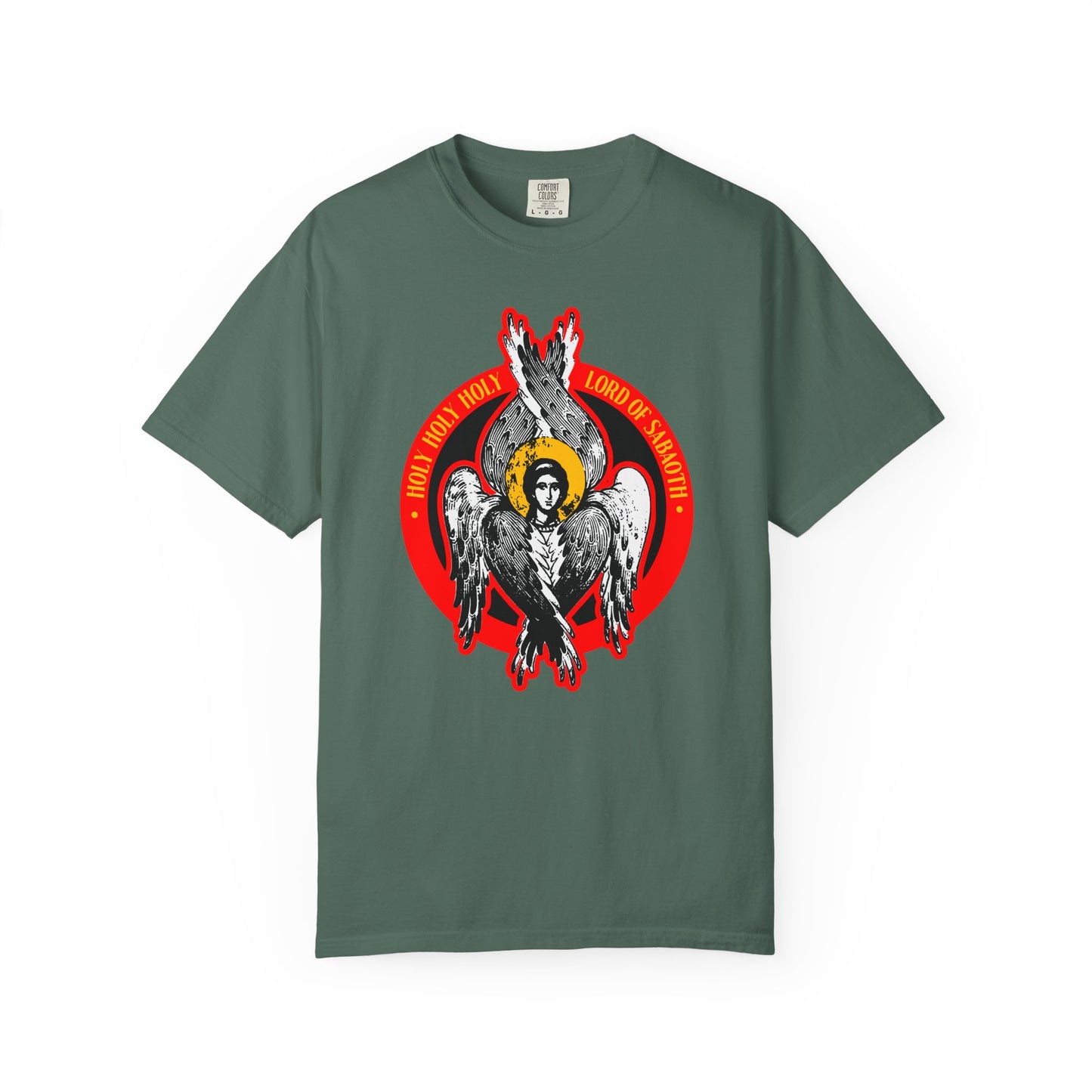 Blue Spruce heavyweight cotton unisex tee featuring a seraphim angel graphic and "Holy Holy Holy, Lord of Sabaoth" text, inspired by Isaiah 6 and the unseen realm.