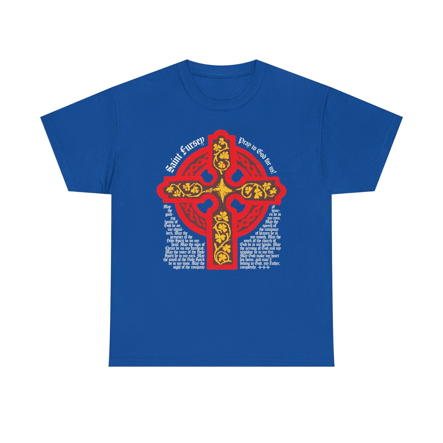 Royal blue tee featuring a red and yellow Celtic cross inspired by the Irish Orthodox tradition, with white text reading "Saint Fursey Pray for Us." Midweight cotton, unisex fit.