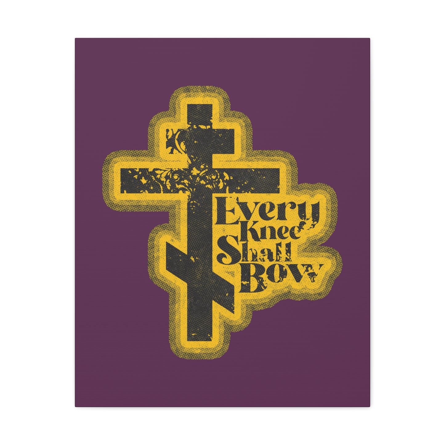 Every Knee Shall Bow | 70s Distressed Halftone Comic Book Aesthetic wall art features a stylized Orthodox cross and script inspired by Philippians 2:10-11 & Isaiah 45:23, perfect for Christian decor. Purple background.