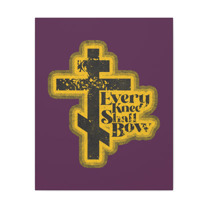 Every Knee Shall Bow | 70s Distressed Halftone Comic Book Aesthetic wall art features a stylized Orthodox cross and script inspired by Philippians 2:10-11 & Isaiah 45:23, perfect for Christian decor. Purple background.