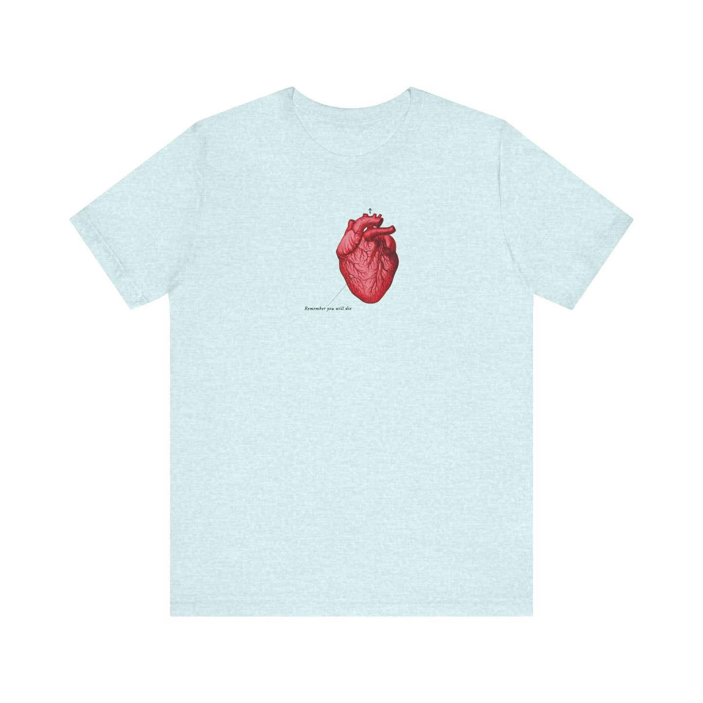 Heather Prism Ice Blue unisex tee featuring a retro medical heart graphic, Orthodox cross, and "Remember You Will Die" Memento Mori theme—lightweight cotton inspired by St. John’s Tone 4 Tuesday Vespers Aposticha.