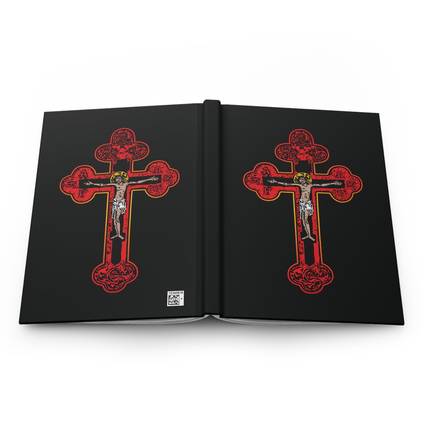 The "Red Orthodox Christian Crucifix" hardcover journal features black covers with red Byzantine Golgotha crosses, Alpha & Omega symbols, and is inspired by Galatians 2:20—being "crucified with Christ.
