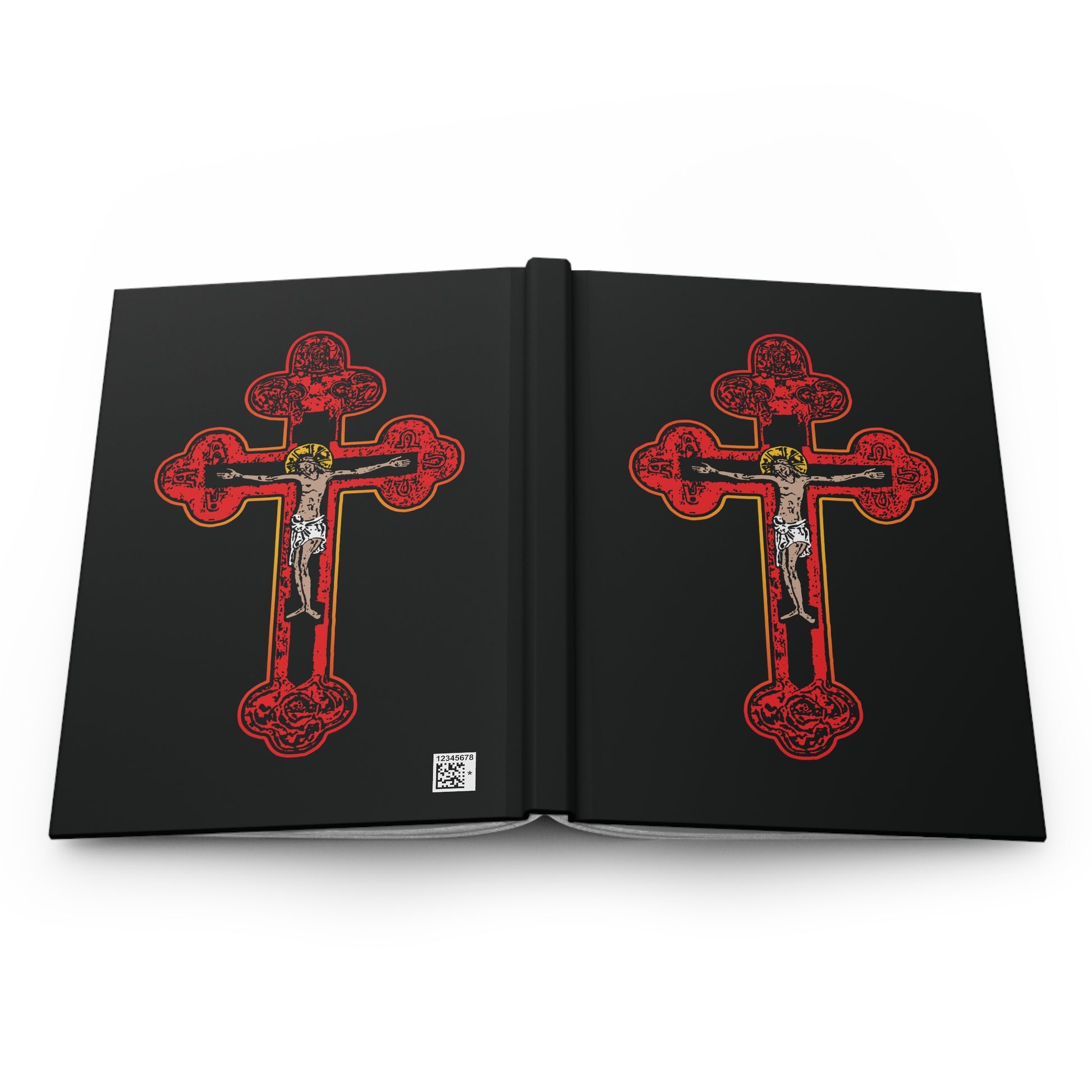 The "Red Orthodox Christian Crucifix" hardcover journal features black covers with red Byzantine Golgotha crosses, Alpha & Omega symbols, and is inspired by Galatians 2:20—being "crucified with Christ.