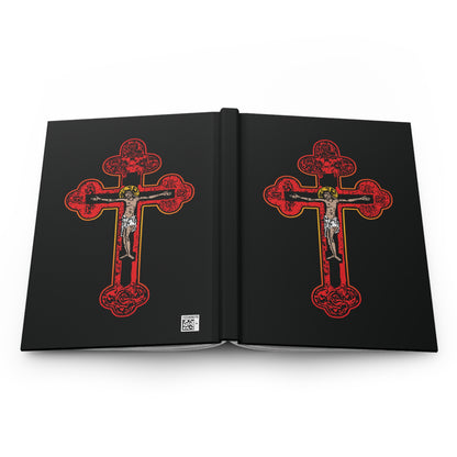 The "Red Orthodox Christian Crucifix" hardcover journal features black covers with red Byzantine Golgotha crosses, Alpha & Omega symbols, and is inspired by Galatians 2:20—being "crucified with Christ.