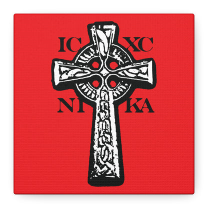 The ICXC NIKA Celtic Knotwork Cross is traditional Orthodox Christian wall art in black and white on a red background, symbolizing Jesus Christ conquers and the power of salvation.