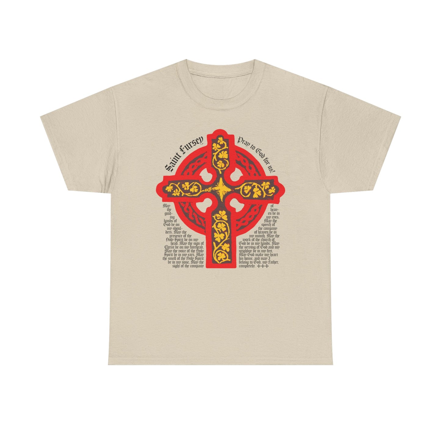 Sand-colored unisex tee featuring a red and yellow Celtic cross, inspired by the Lorica Shield Prayer of St Fursey, with decorative black text. Perfect for Irish Orthodox or Western Rite Christians seeking unique midweight cotton apparel.