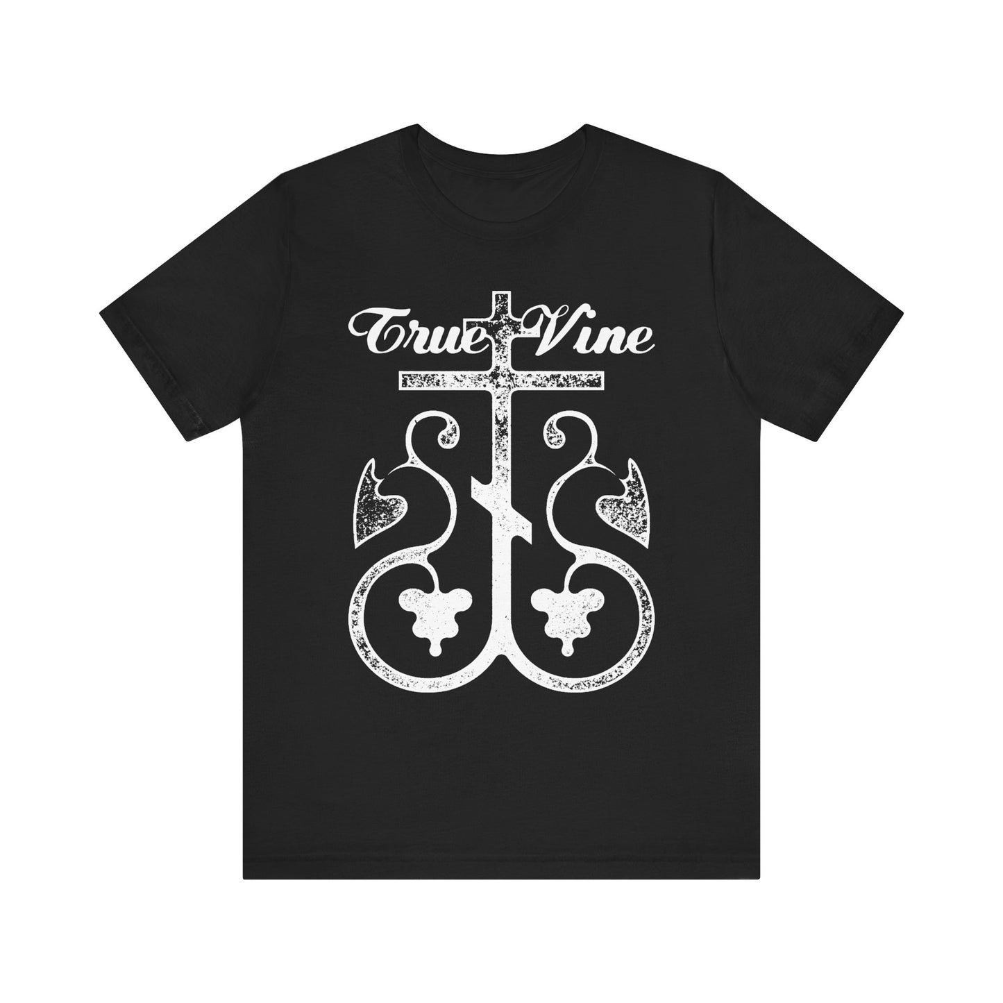 Black "I Am the True Vine" t-shirt features an Orthodox cross with a grape vine photocopy effect, inspired by John 15 and Ezekiel 15. Made from lightweight cotton. Unisex fit.