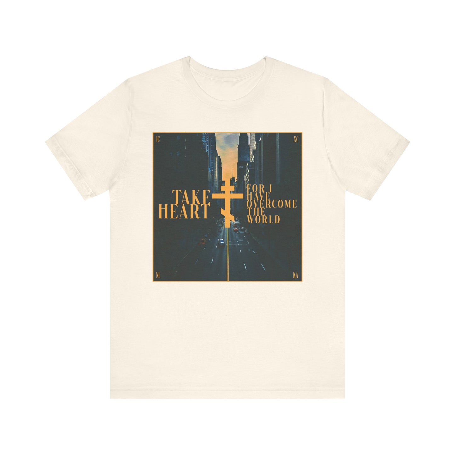 Take Heart, For I Have Overcome the World (John 16:33) | Redemptive Modern City Street Scene Design | Lightweight Cotton Unisex Tee