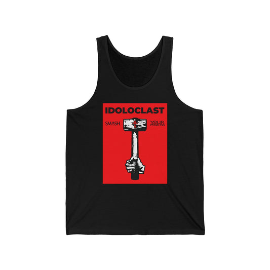Idoloclast Idol-Smasher | Jesus NIKA Fist w/ Sledgehammer on Red Background | Smash Your Passions | Orthodox Christian Jersey Tank Top / Sleeveless Shirt