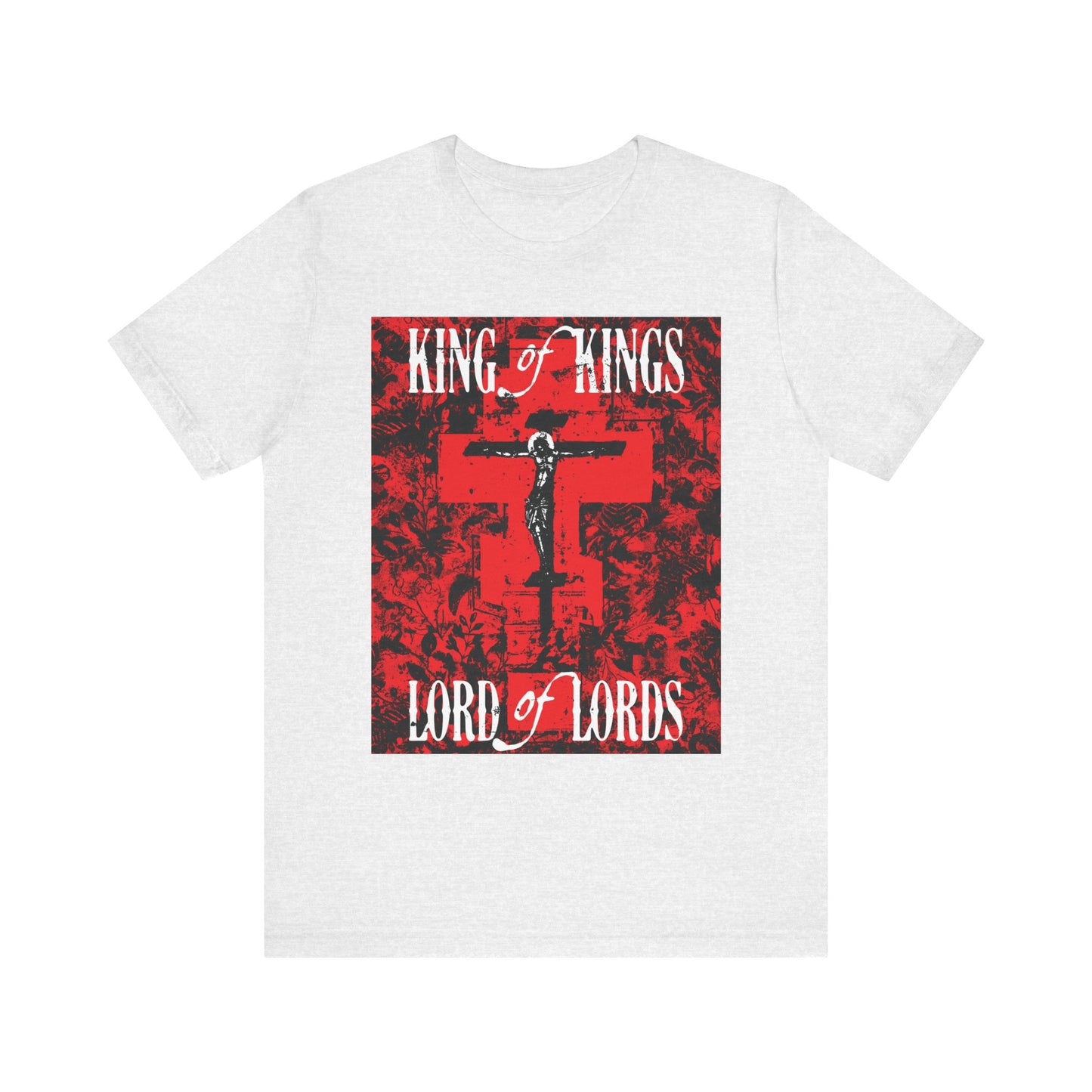 King of Kings, Lord of Lords | Christ Crucified Icono-Graphic | Red Cross Nature Texture w/ White Text | Lightweight Cotton Unisex Tee