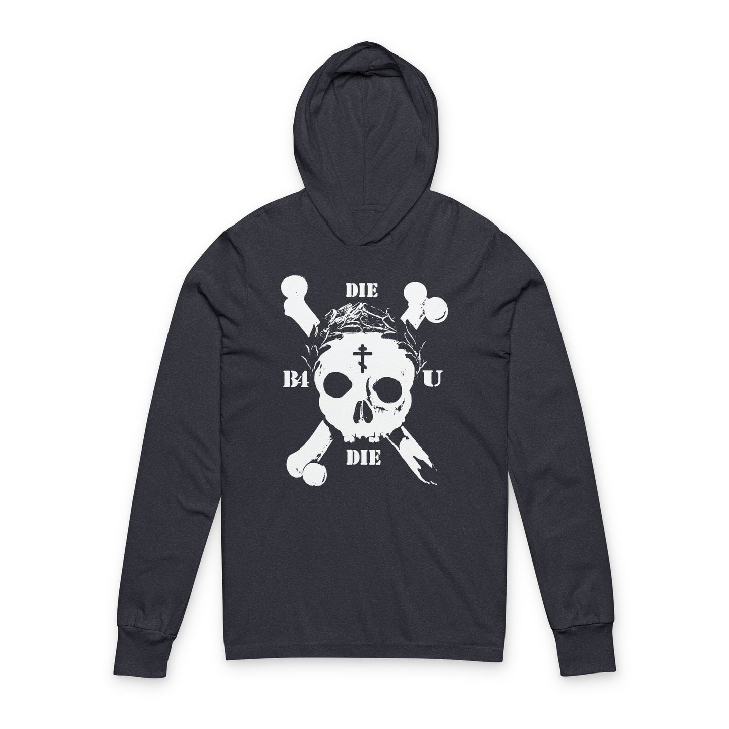 Heather navy hooded shirt featuring a retro skull & crossbones, Orthodox cross, and “Die Before You Die”—a memento mori design inspired by Matthew 16:24-25. Ascetic Christian apparel with laurel victory wreath.