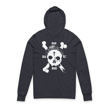 Heather navy hooded shirt featuring a retro skull & crossbones, Orthodox cross, and “Die Before You Die”—a memento mori design inspired by Matthew 16:24-25. Ascetic Christian apparel with laurel victory wreath.
