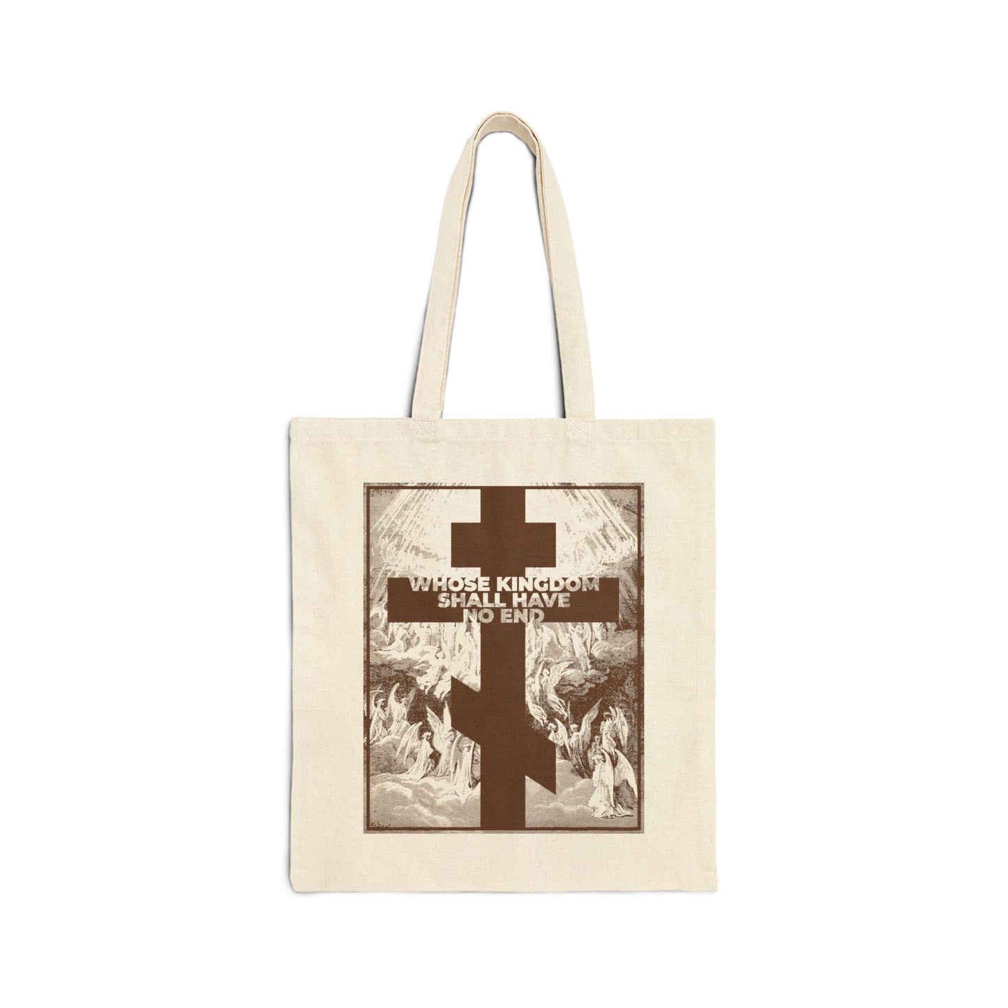 Natural tote bag featuring Gustave Dore’s etching and the phrase “WHOSE KINGDOM SHALL HAVE NO END,” inspired by the Nicene Creed—a powerful Orthodox Christian symbol of faith and revelation.