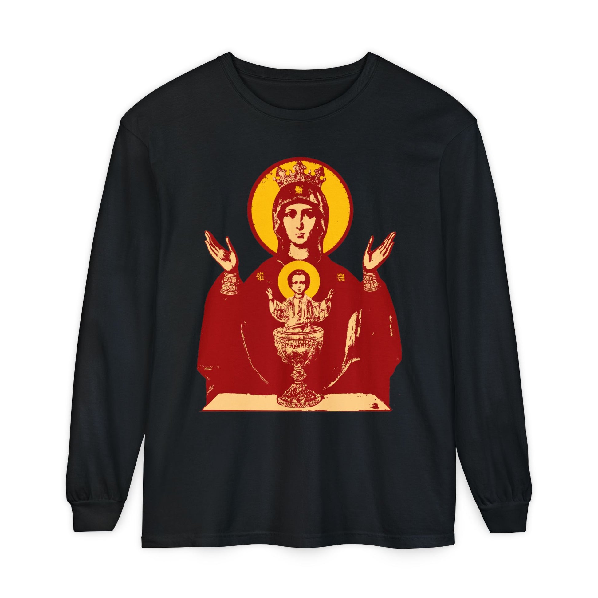 Black long-sleeve shirt with the Holy Theotokos IconoGraphic of the Inexhaustible Chalice—Orthodox Christian design depicting the Deliverer from Addictions, to help conquer passions.
