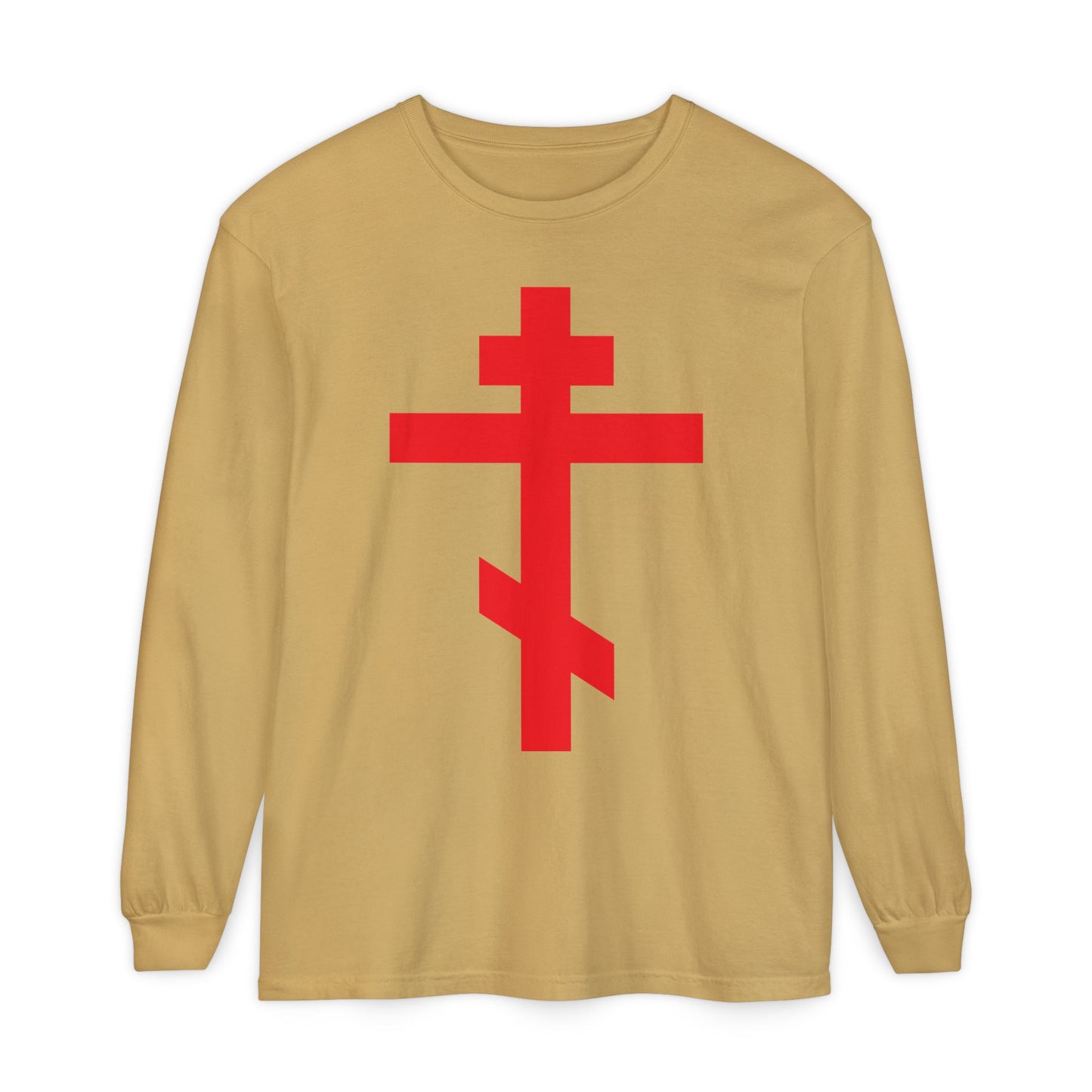 Mustard long-sleeve cotton shirt featuring a bright red Orthodox cross and "Preserve Thy People By Thy Cross, O Lord" design, inspired by the Troparion of the Cross. Christ is King.
