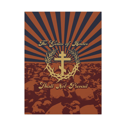 The Gates of Hades Shall Not Prevail | Cross with Wreath & Crown of Thorns | Skulls and Rays | Orthodox Christian Canvas Art