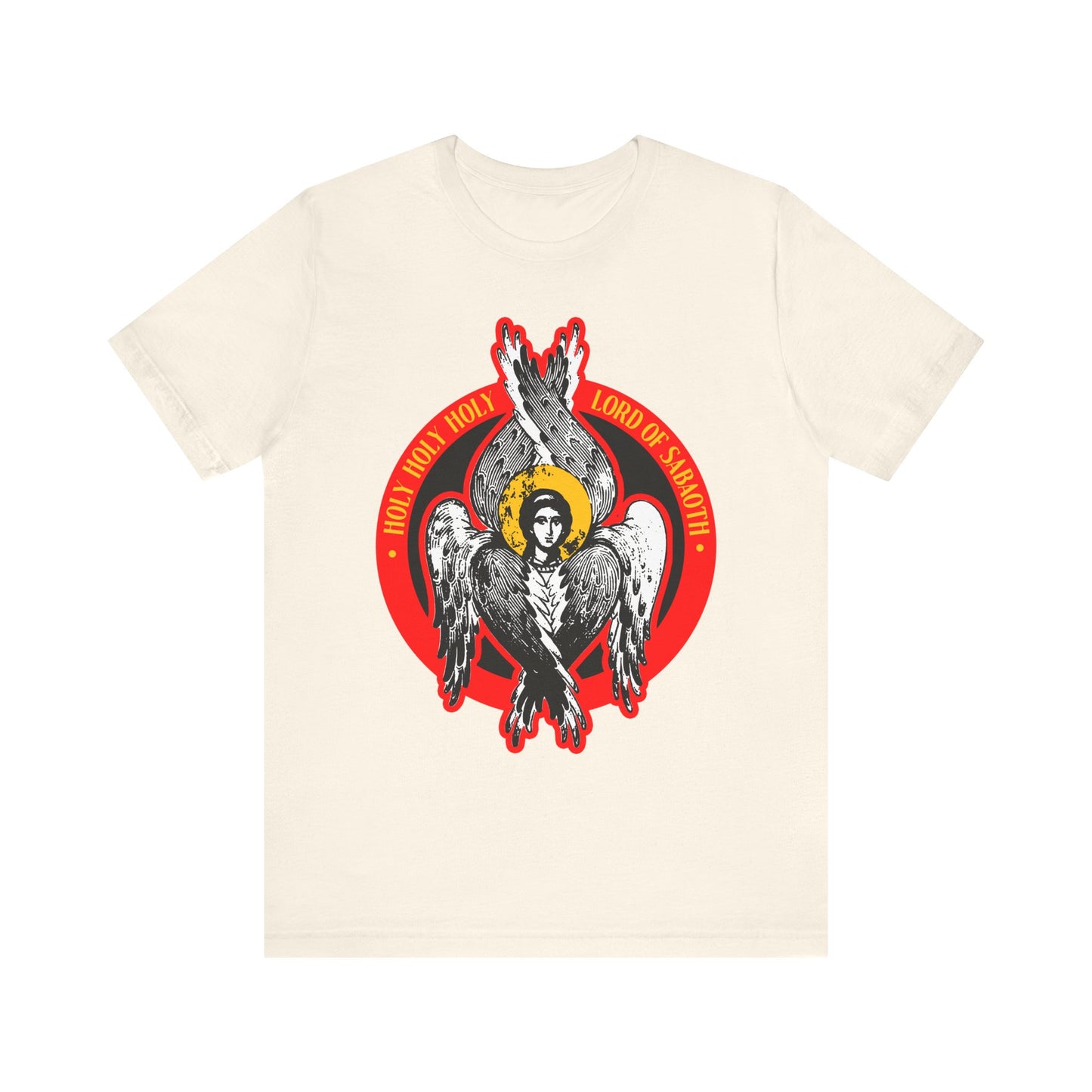 Natural lightweight cotton unisex tee featuring a seraphim angel graphic and red "Holy Holy Holy Lord of Hosts" text in a circle. Inspired by Isaiah 6 and the unseen realm.