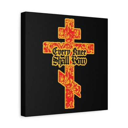 The “Every Knee Shall Bow” Christian wall art features a gold and red floral Orthodox cross with gothic lettering of Isaiah 45:22-24 and Phil 2:7-11, boldly proclaiming Jesus Christ is Lord on a striking black background.