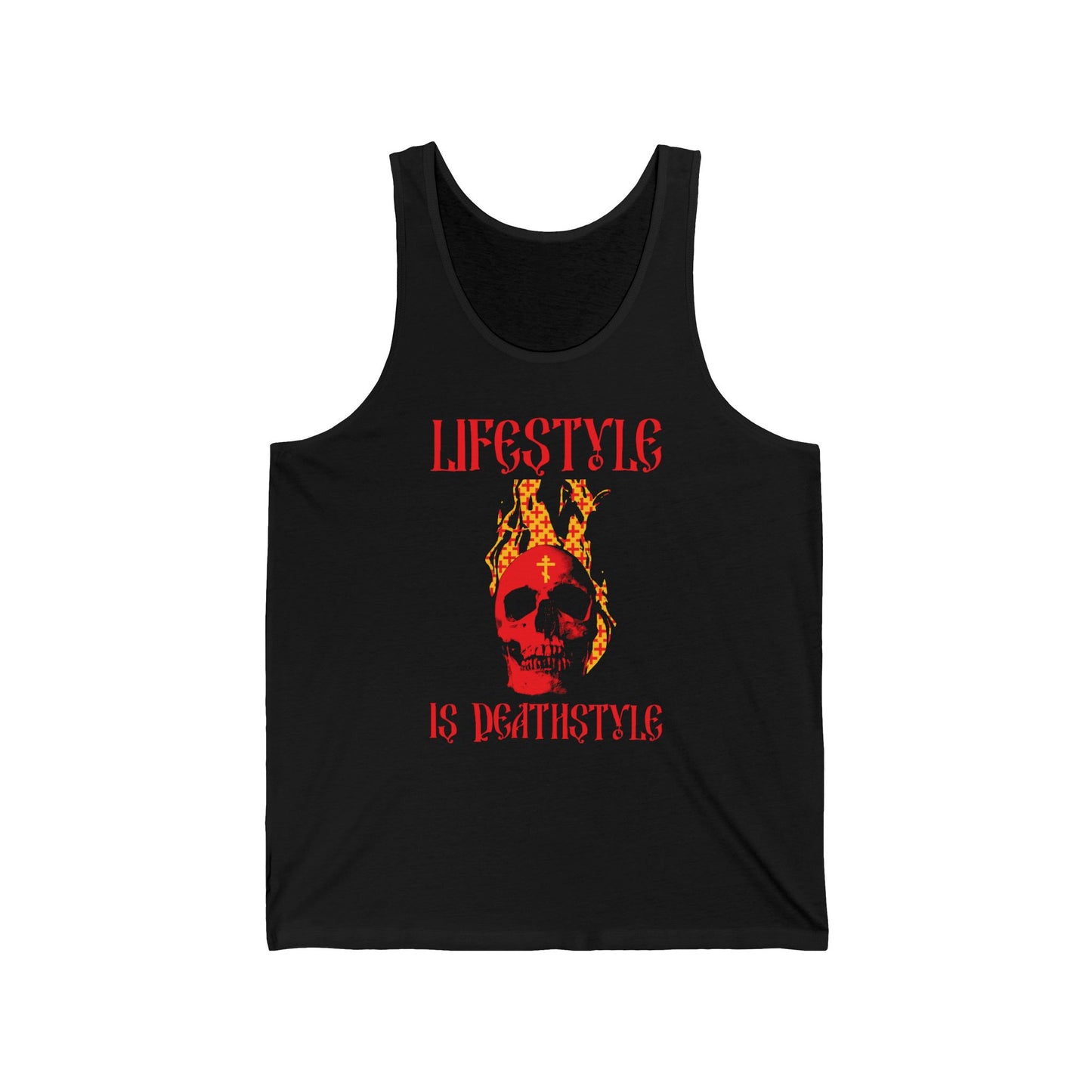 Lifestyle is Deathstyle | Burning Red Skull with Orthodox Cross | How You Live is How You Die | Orthodox Christian Cotton Tank Top / Sleeveless Shirt