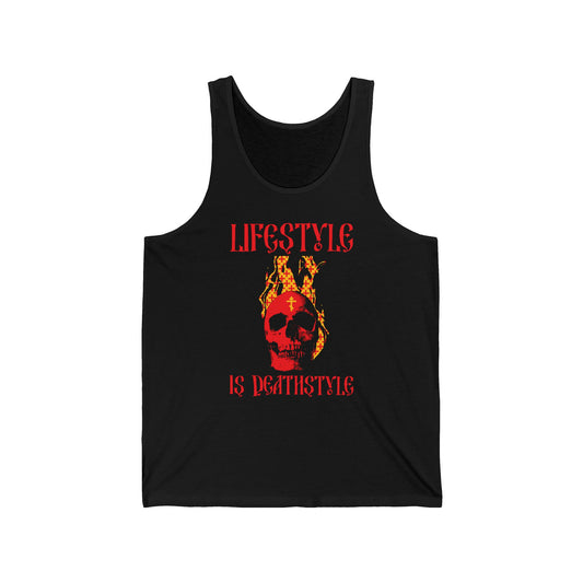 Lifestyle is Deathstyle | Burning Red Skull with Orthodox Cross | How You Live is How You Die | Orthodox Christian Cotton Tank Top / Sleeveless Shirt