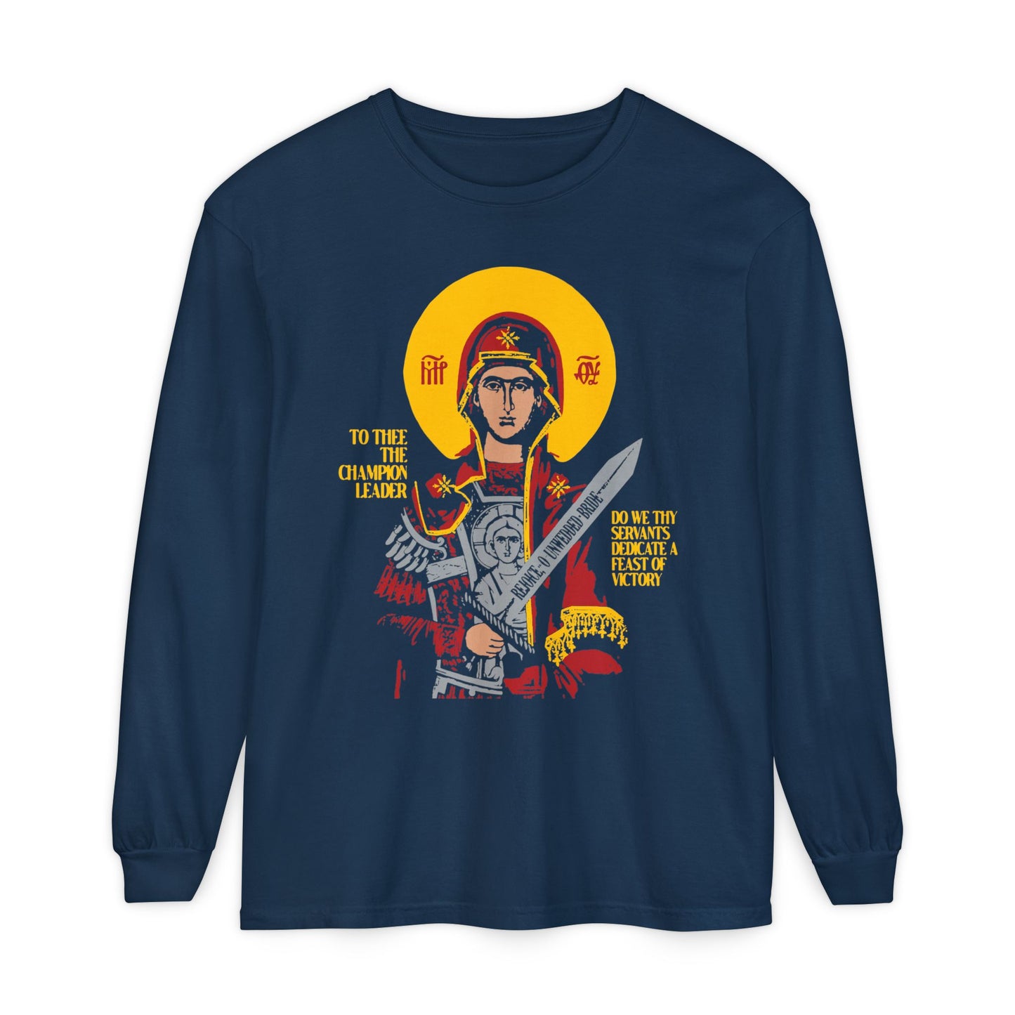 To Thee the Champion Leader | Mother of God | Theotokos with Sword IconoGraphic | Orthodox Christian Long Sleeve Shirt