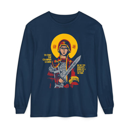 To Thee the Champion Leader | Mother of God | Theotokos with Sword IconoGraphic | Orthodox Christian Long Sleeve Shirt