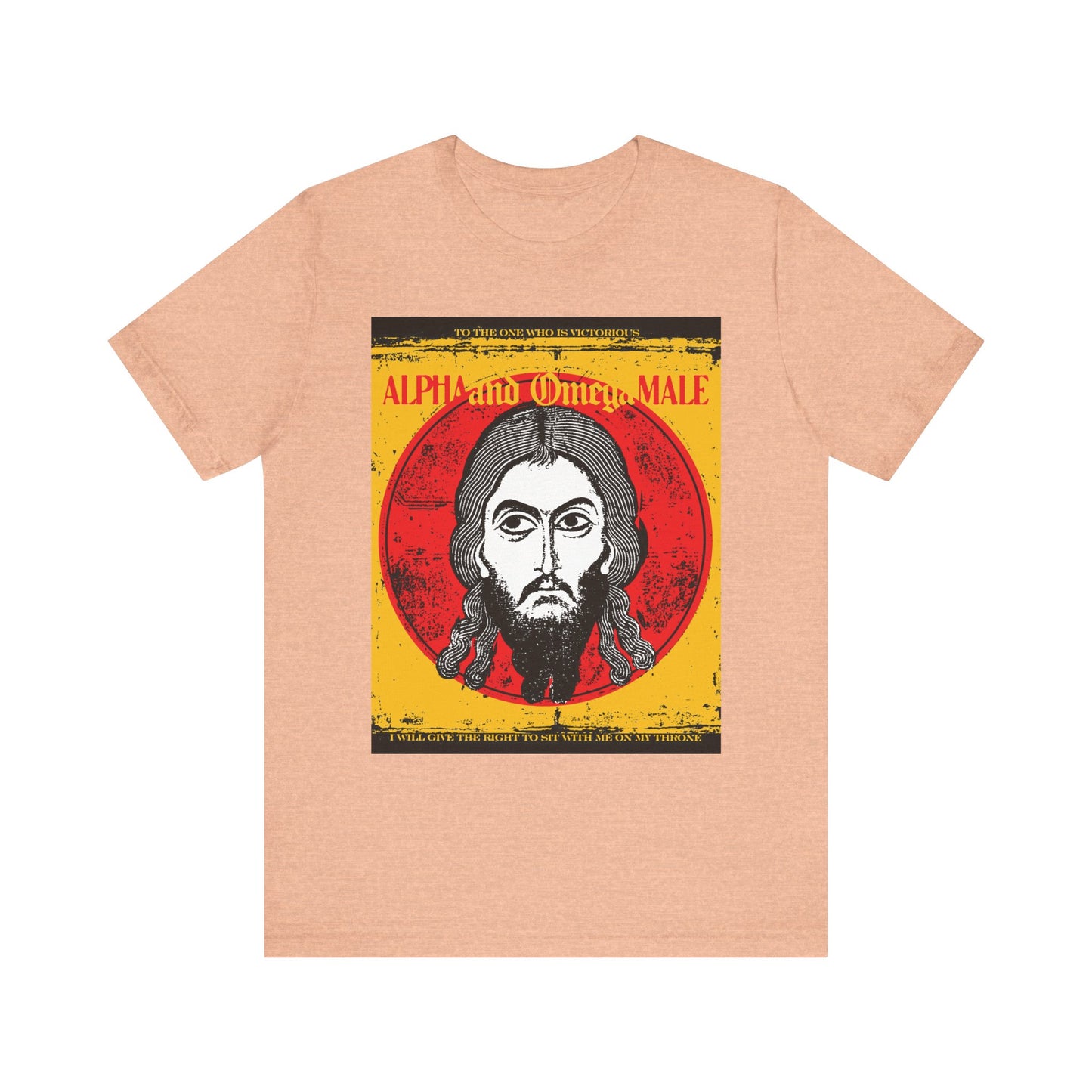 Heather peach unisex cotton tee featuring the Jesus Christ Image of Edessa IkonoGraphic and "Alpha & Omega Male" text—perfect for those who value Christian resurrection symbolism. Inspired by the Orthodox faith.