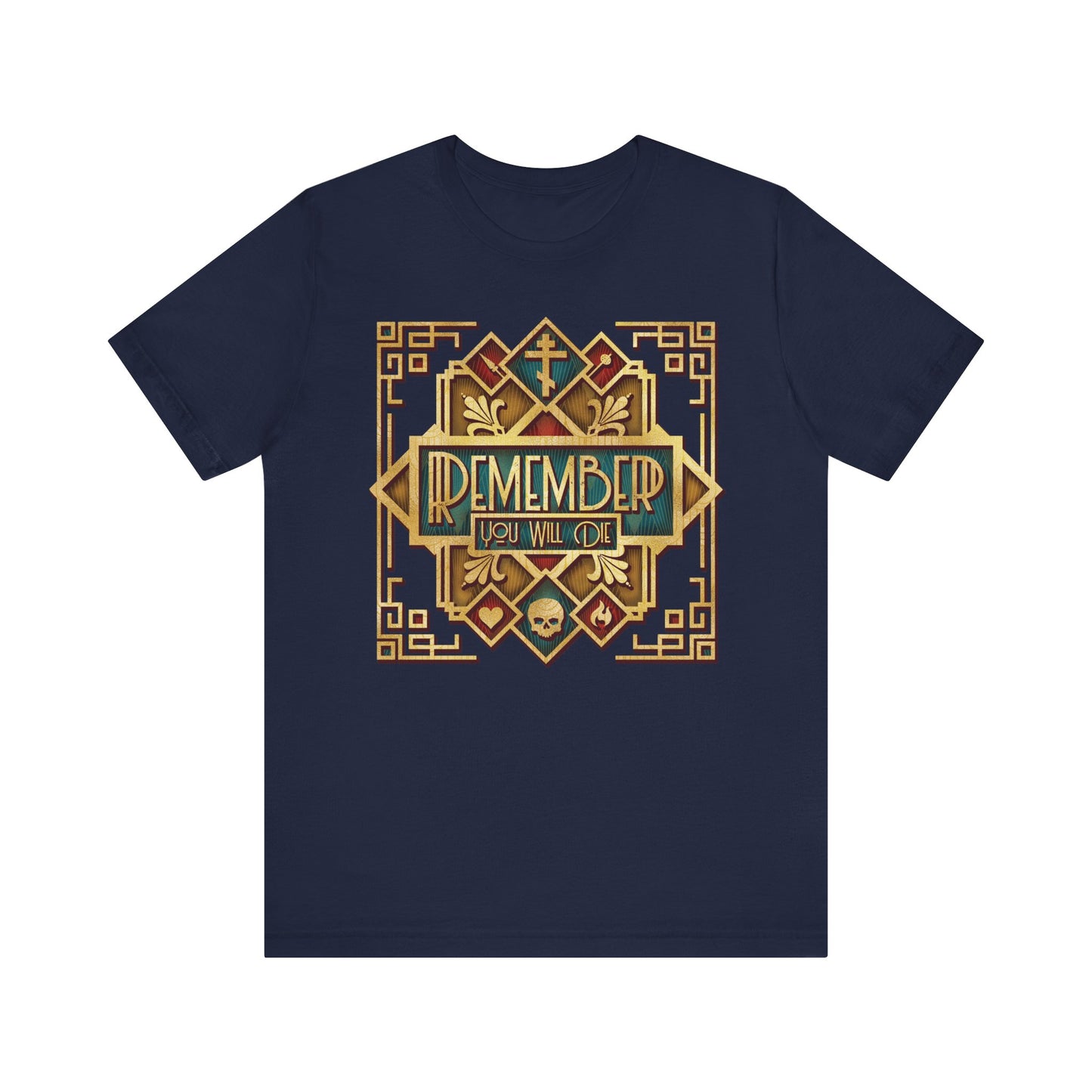 Navy "Remember You Will Die" Classic Metallic Art Deco Design Orthodox Christian Lightweight Cotton Unisex T-Shirt, featuring an ornate gold, green, and brown motif inspired by Elder Ephraim and The Art of Salvation—crafted to inspire contemplation of eternal life.