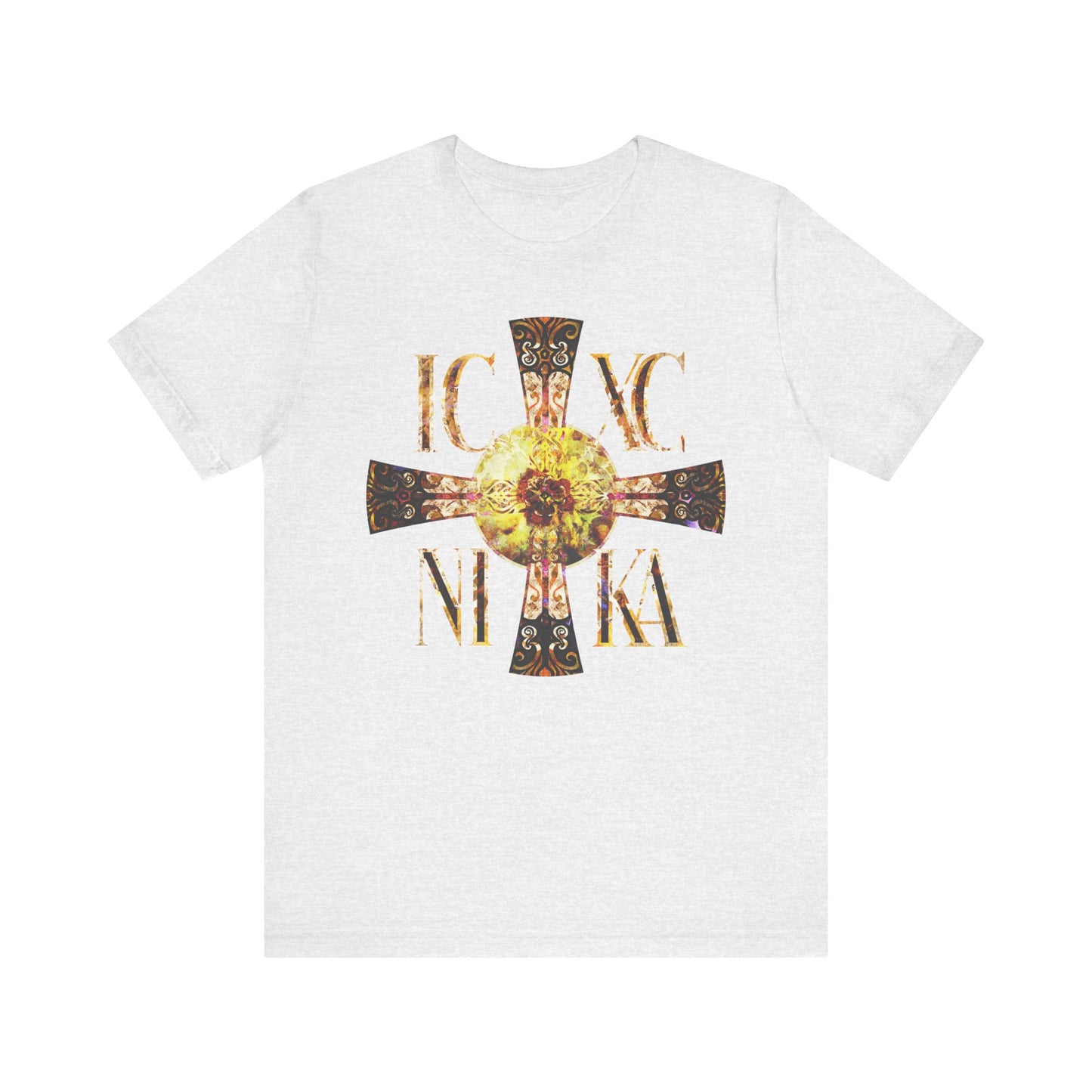 Ash-colored unisex tee with a Celtic style equal-armed Cross and bright solar texture, featuring gold Greek letters IC XC NIKA, symbolizing Christ the never-setting Sun, printed on the front.