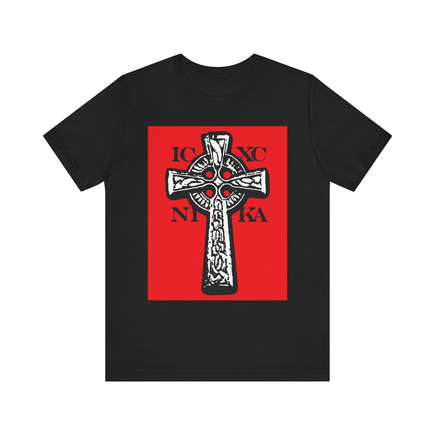 Black ICXC NIKA Celtic Knotwork Cross T-shirt featuring a bold black and white cross graphic on a vivid red background, emblazoned with "IC XC NI KA"—a lightweight cotton unisex tribute to Jesus Christ’s victory through the power of the Cross.