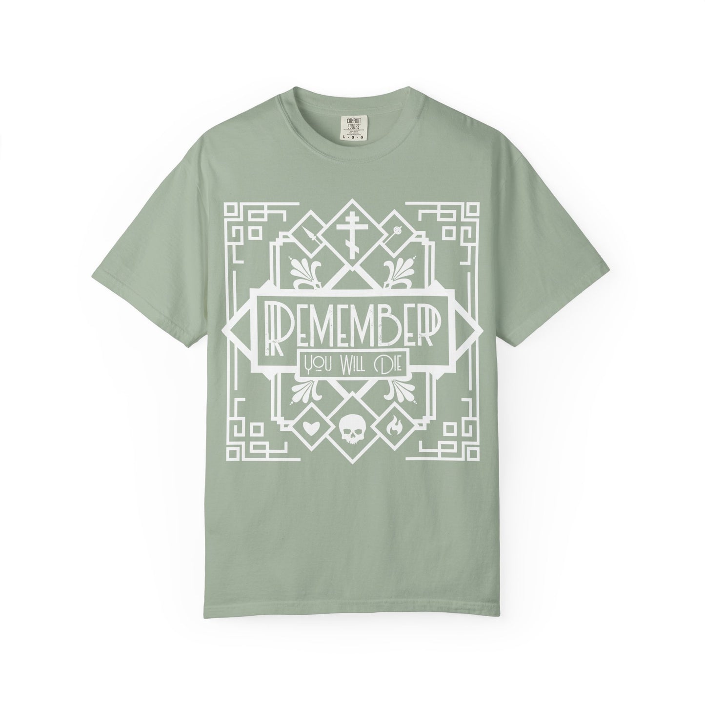 Remember You Will Die Art Deco Design | Black and White Line Art | Skull Heart Fire | Memento Mori | Heavyweight Cotton Unisex T-Shirt