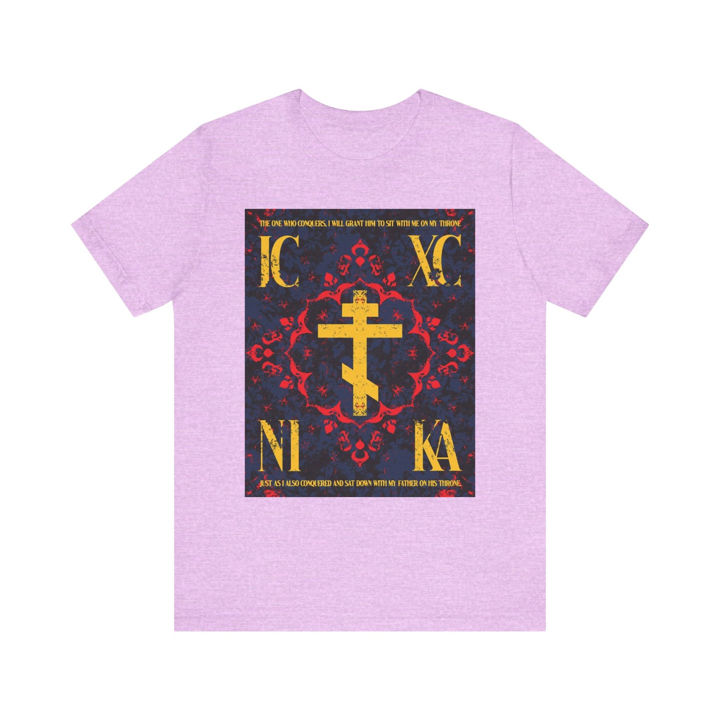 The IC XC NIKA Orthodox Cross t-shirt in Heather Prism Lilac features a medieval floral design and religious text referencing Revelation 3:21, symbolizing victory and grace. Lightweight cotton unisex fit.