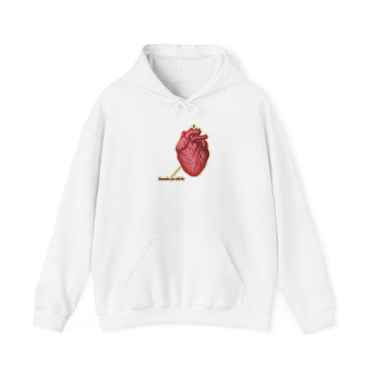 White “Remember You Will Die” Christian hoodie featuring a retro anatomical heart graphic, Orthodox cross, and “It’s Later Than You Think” text on the chest. Color: white. Inspired by memento mori and repentance themes.