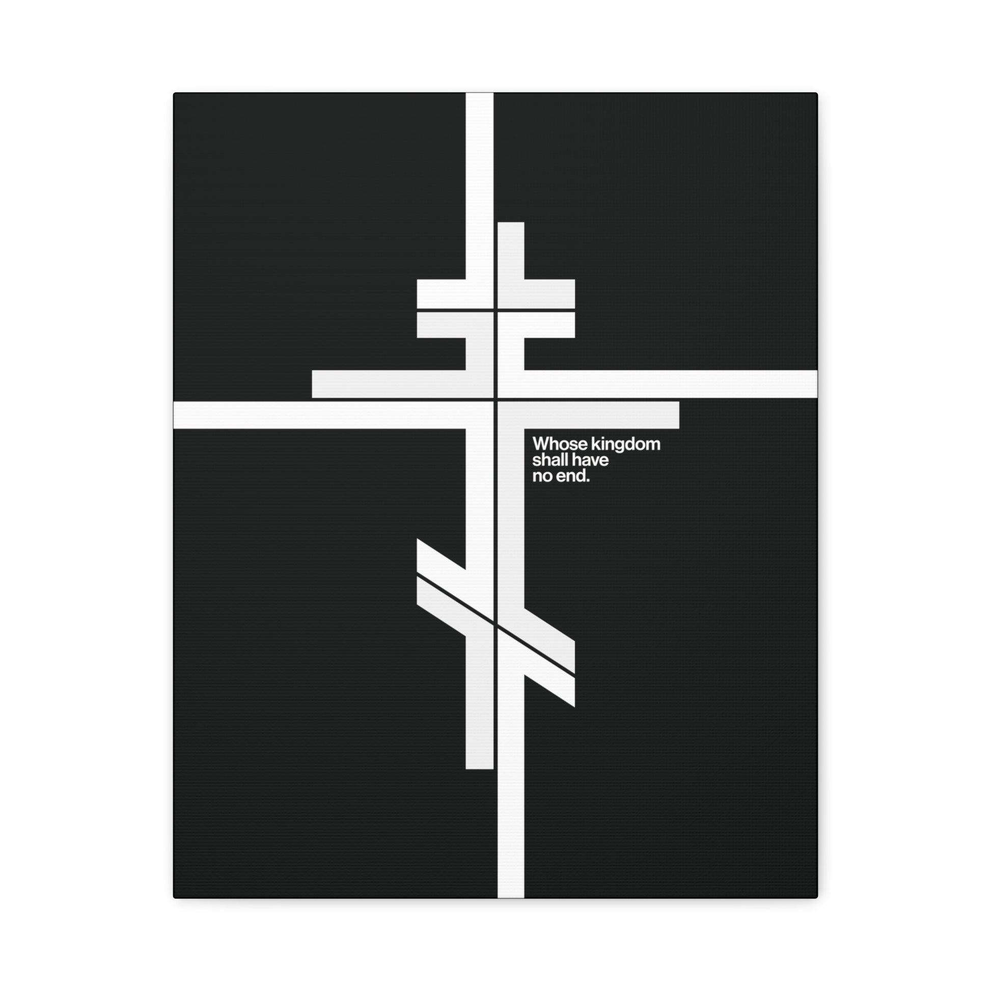 Modern minimalist canvas art featuring a white Orthodox Cross and the phrase "Whose Kingdom Shall Have No End"—inspired by Luke 1:32-33 and Orthodox doctrine. Perfect Christian decor in a modernist logo style.