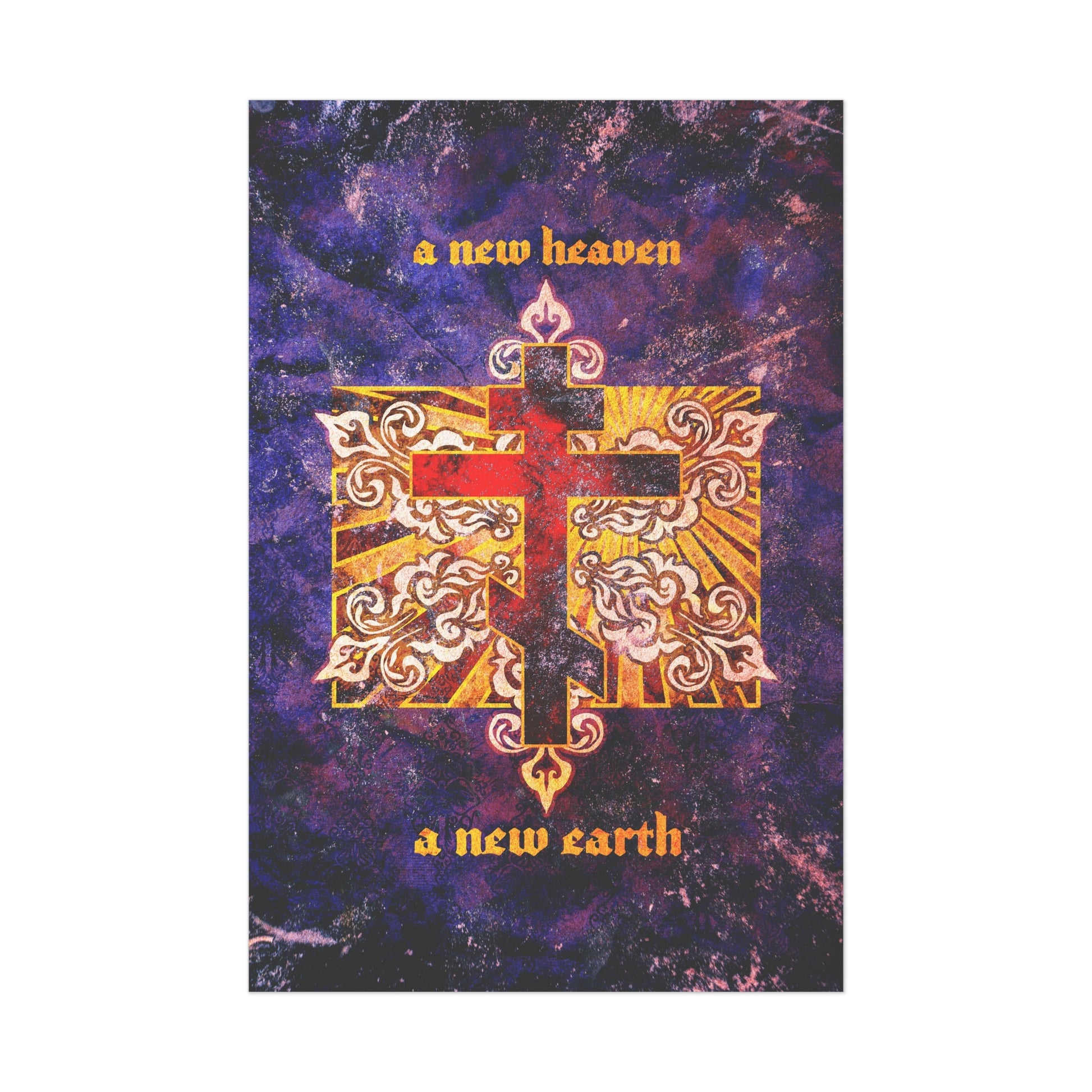 A red Orthodox cross on an ornate textured background with “A New Heaven/A New Earth” text, inspired by Orthodox Christian apocalyptic art and the holy city of New Jerusalem.