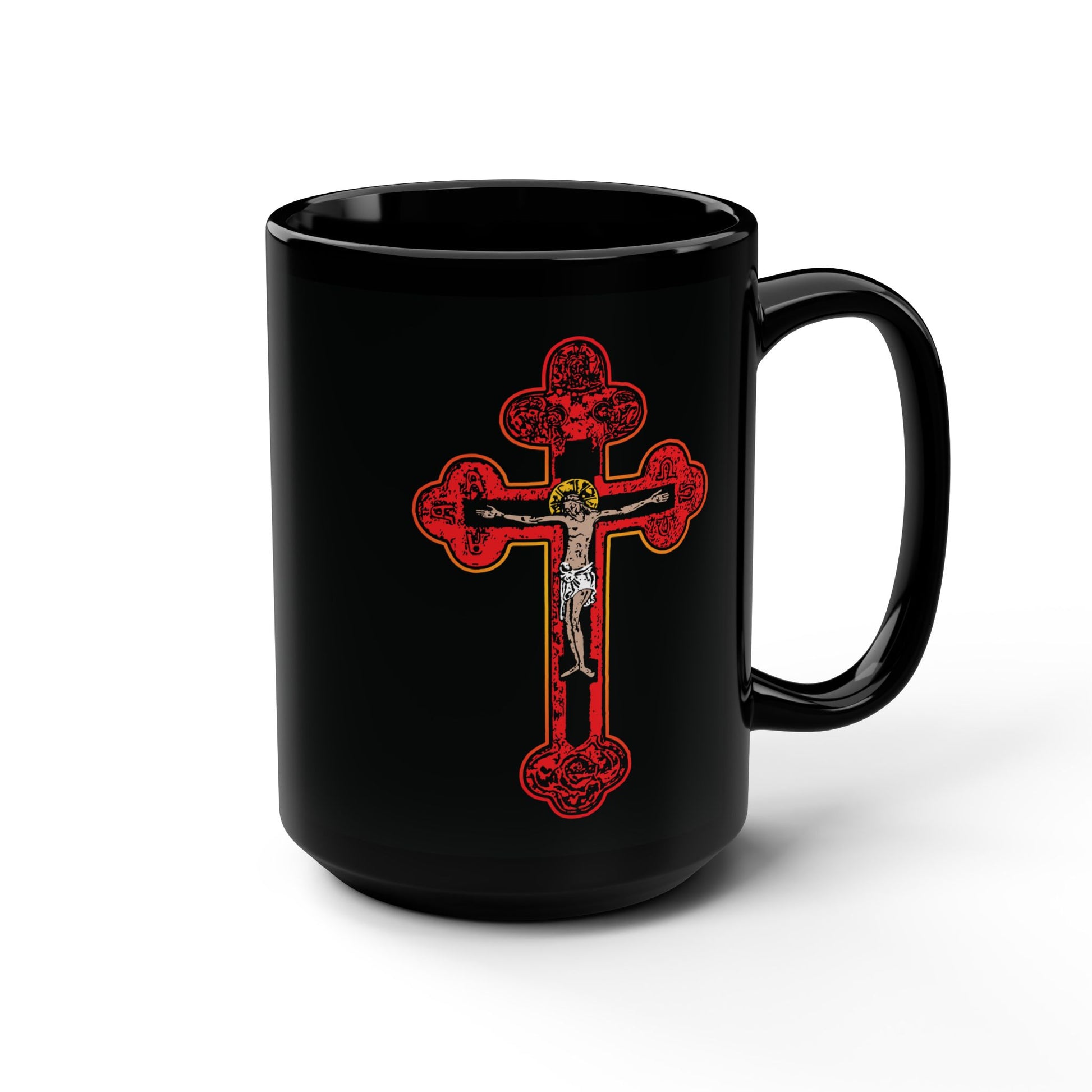 Sip in faith with this black mug featuring the Red Orthodox Christian Crucifix—Byzantine Golgotha Cross with Alpha & Omega and “I Am Crucified With Christ” design. A meaningful reminder of Isaiah 53:3-5 prophecy.