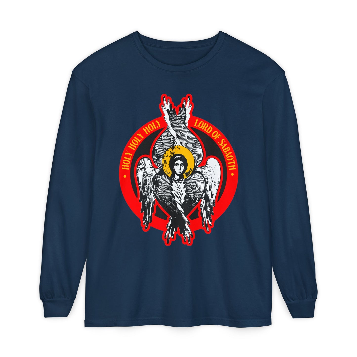 True Navy long-sleeve shirt with Orthodox Seraphim angel iconography and "Holy Holy Holy, Lord of Sabaoth" text, inspired by Isaiah 6's throne vision. Orthodox Christian design.