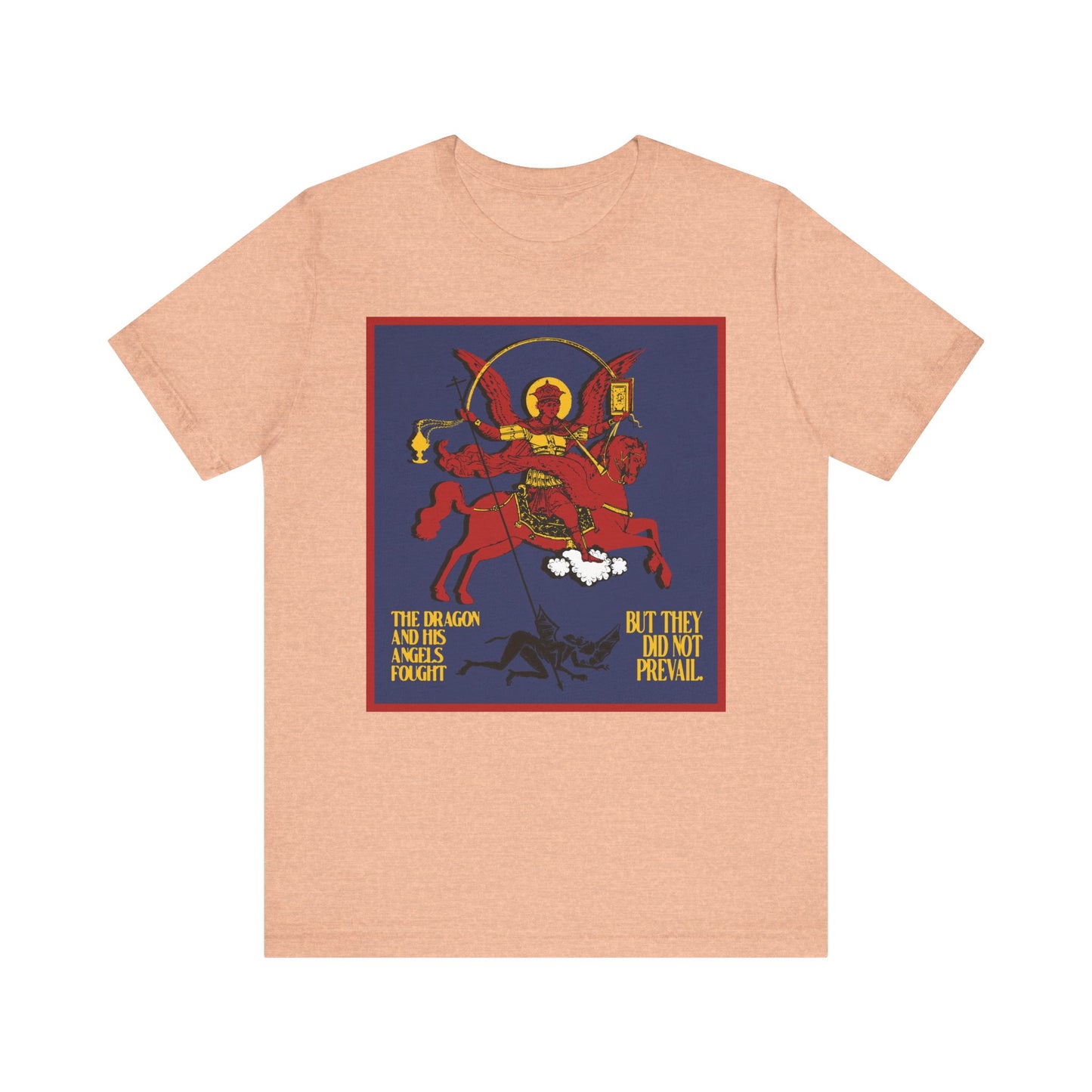 Heather Peach unisex tee—Archangel Michael Defeating Satan the Dragon (Rev 12:7-8)—Orthodox Christian IconoGraphic; lightweight cotton with inspiring spiritual warfare text below the graphic.