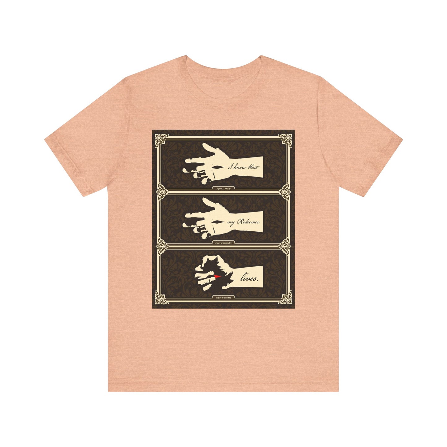 Heather peach unisex tee featuring an illustrated hand of the crucified Christ and “I Know That My Redeemer Lives” (Job 19:25) in earthtone Americana style. Lightweight cotton, ideal for everyday comfort.