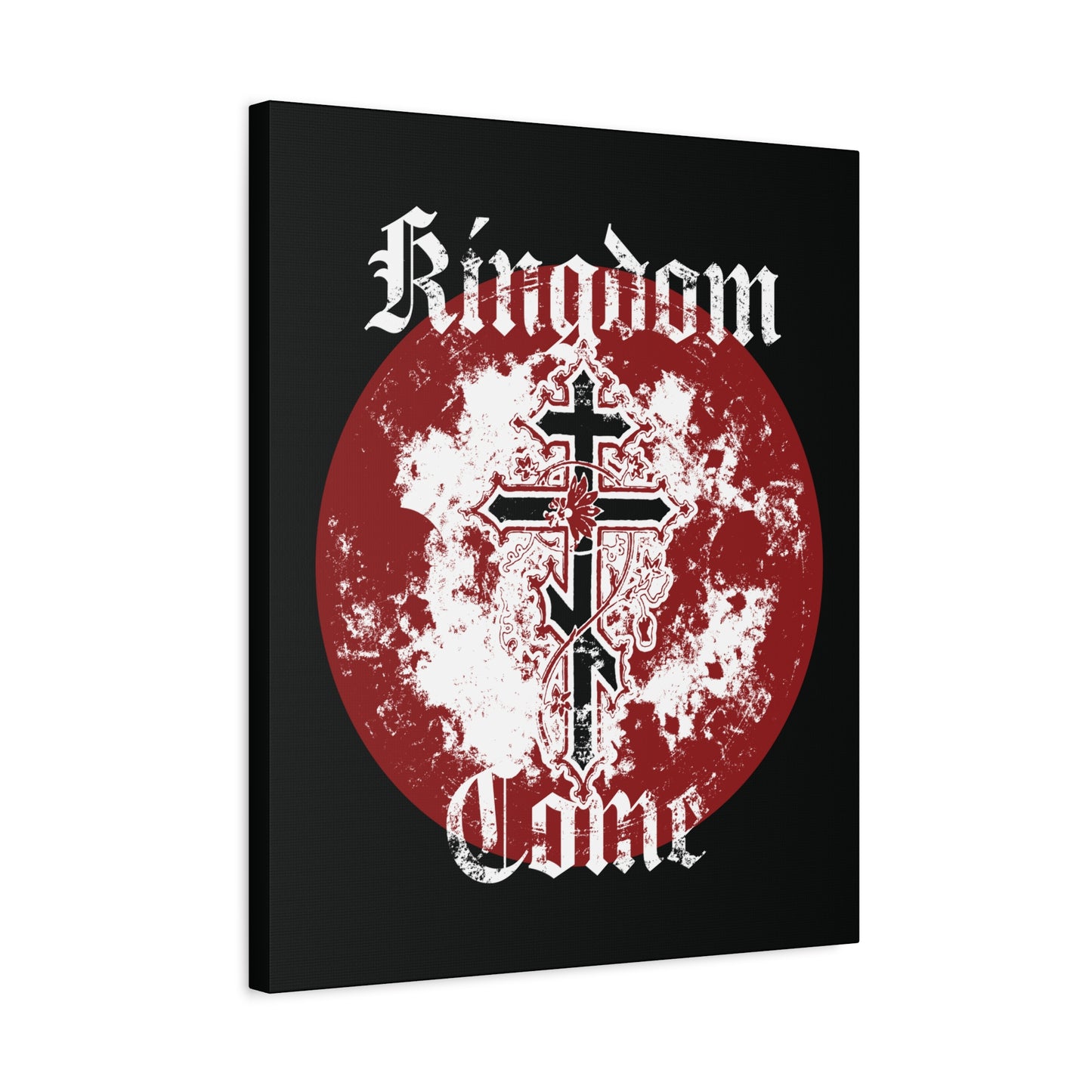 Kingdom Come canvas art featuring an Orthodox Cross with vine, textured Gothic font, and "Thy Kingdom Come" text—Orthodox Christian decor inspired by the Lord’s Prayer.