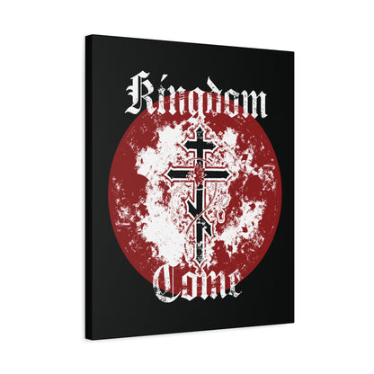 Kingdom Come canvas art featuring an Orthodox Cross with vine, textured Gothic font, and "Thy Kingdom Come" text—Orthodox Christian decor inspired by the Lord’s Prayer.