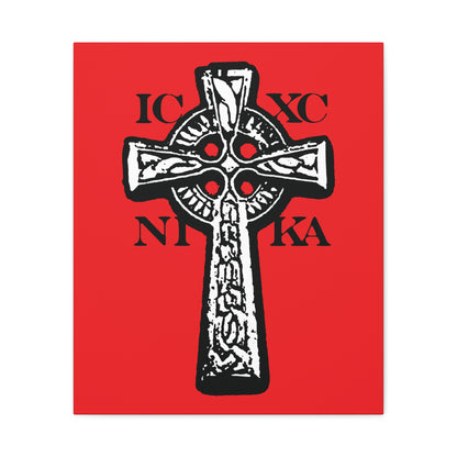 The ICXC NIKA Celtic Knotwork Cross features a black and white cross with Greek letters on a red background, symbolizing Jesus Christ conquers; perfect traditional Orthodox Christian wall art.