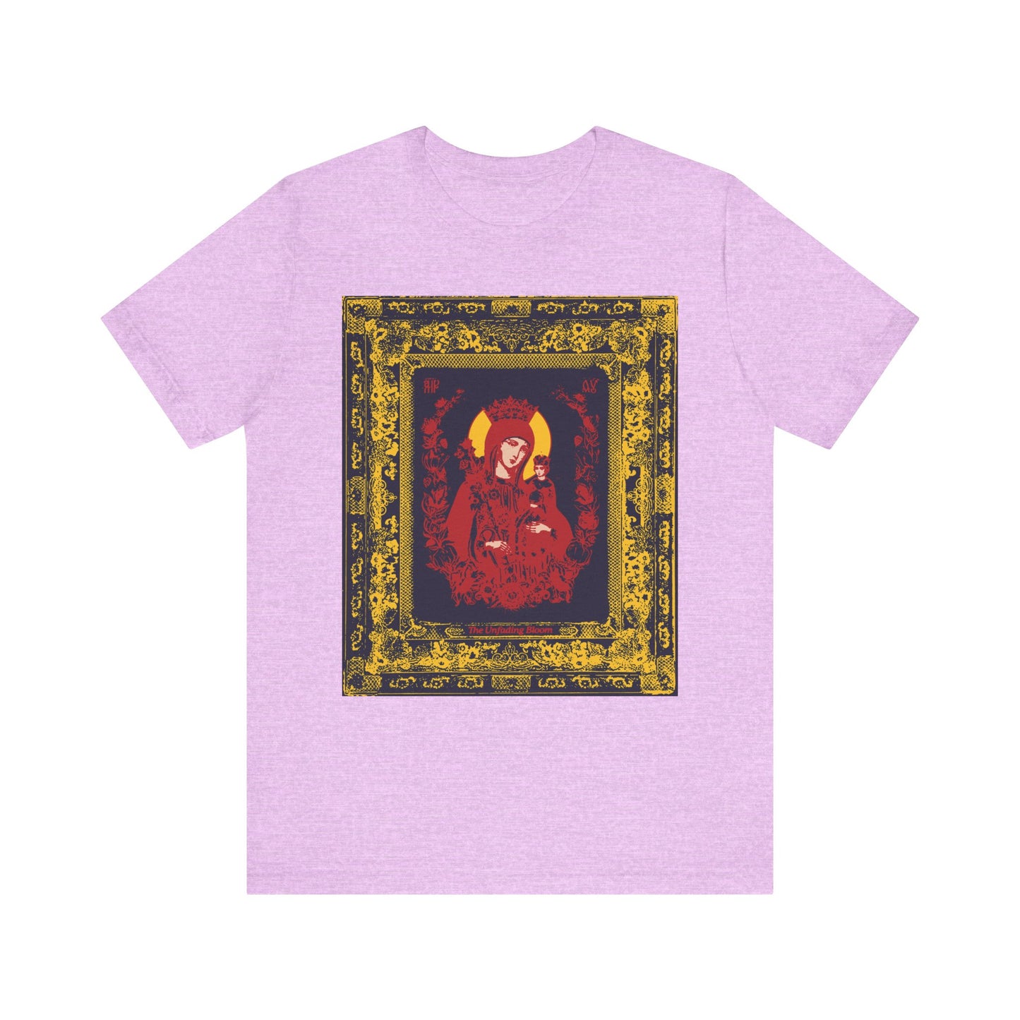 Heather Prism Lilac Unfading Bloom Ornate Theotokos Iconographic lightweight cotton unisex tee, featuring a framed, ornate image of Mary, the Mother of God crowned and in red dress at the center—an Orthodox Christian design inspired by Akathist hymns.