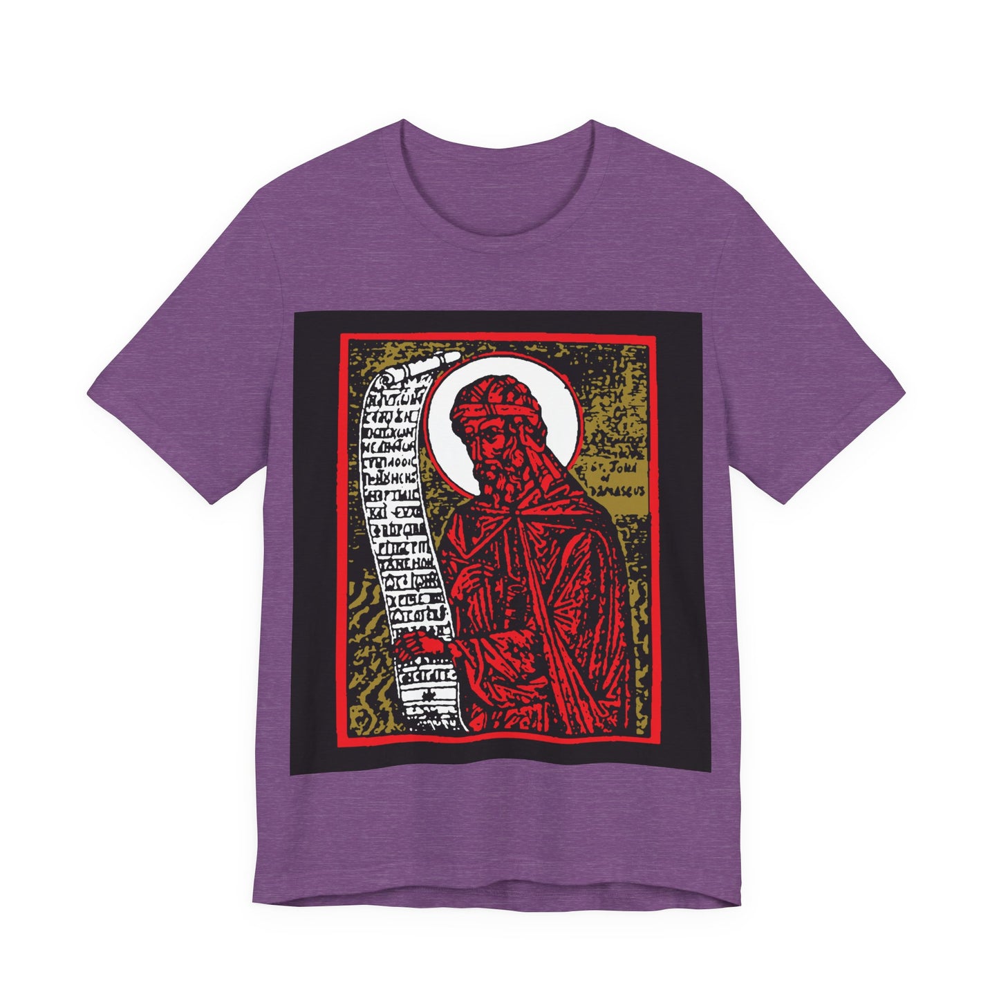 St. John of Damascus Icono-Graphic | Orthodox Christian Saint | Red Gold & Black High Contrast Design | Orthodox Christian Cotton T-Shirt