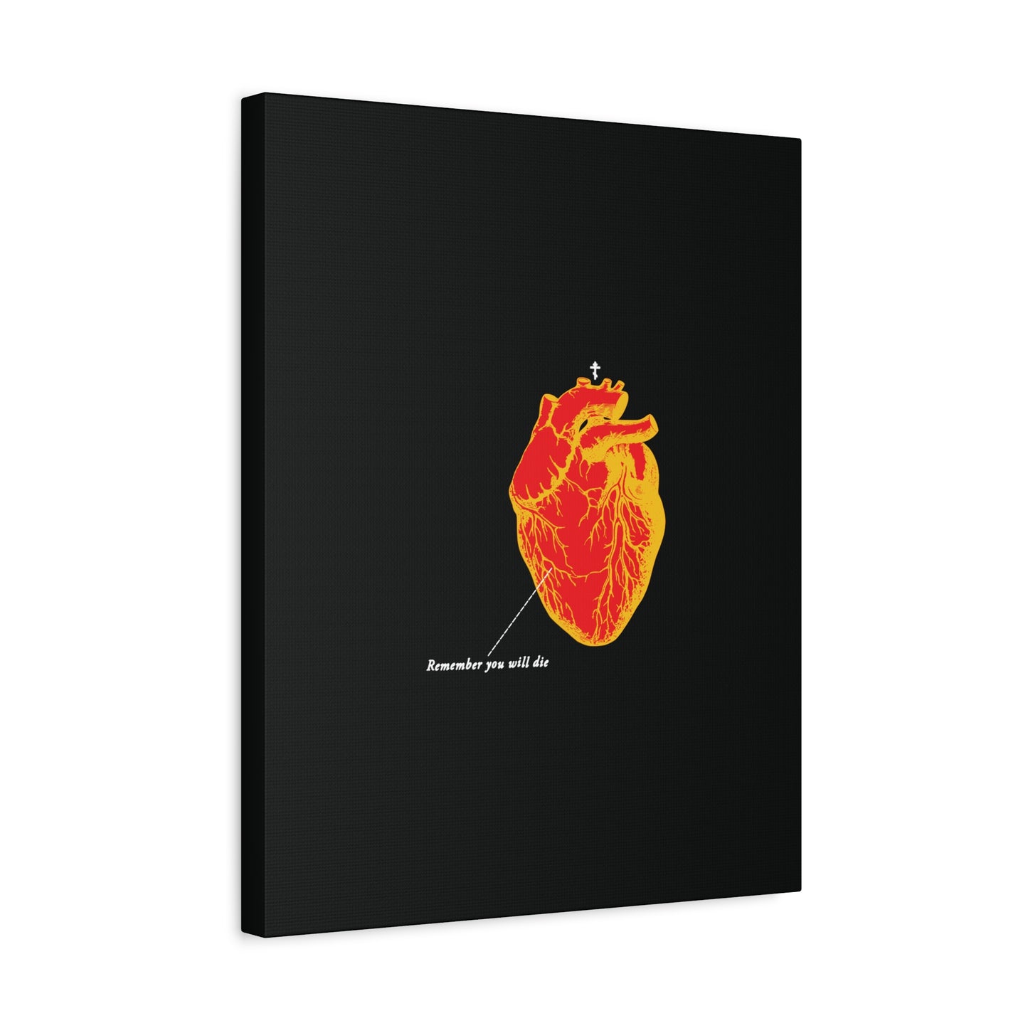 The "Remember You Will Die Retro Medical Textbook Heart Design" features an inverted red and orange anatomical heart and memento mori text on a black canvas, blending Orthodox Christian themes with vintage medical art.