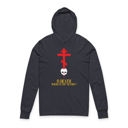 O Death Where is Thy Victory? (1 Corinthians 15:55) | Cross Stabbing Skull | Yellow Text | Orthodox Christian Long Sleeve Hooded Shirt