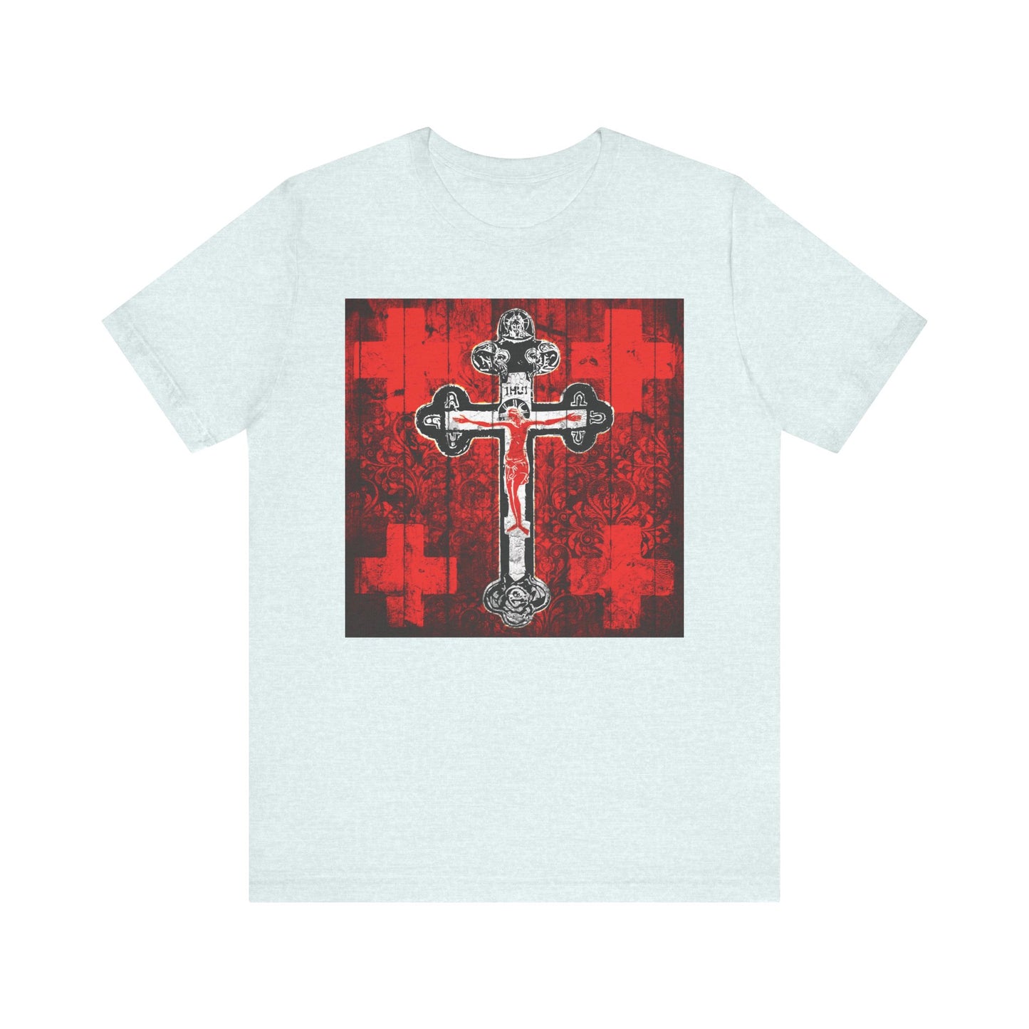 Heather Ice Blue unisex tee featuring the Alpha & Omega Art Cross with Jesus Christ Crucifix in a red, white, and black IconoGraphic design—perfect for Great Lent or Vespers. Lightweight cotton for comfort and style.